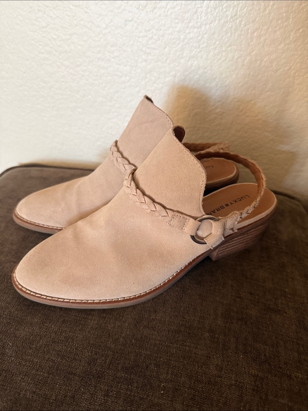 Lucky Brand Beige Braided Slingback Suede Mules